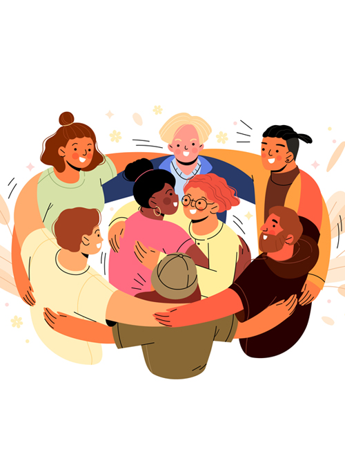 Community Participation concept illustration featuring a diverse group of people gathered in a supportive circle, representing inclusion, engagement, teamwork, and social connection