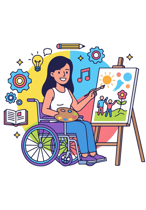 Life Skills Development Support illustration featuring a woman using a wheelchair painting on a canvas, surrounded by creative and learning symbols, representing independence, skill building, creativity, and personal growth support