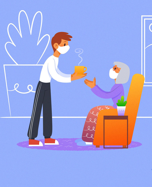 Personal Care Assistance worker wearing a mask serving a warm drink to an elderly woman seated in a chair beside a small table and plant, illustrating compassionate in-home support and caregiving.